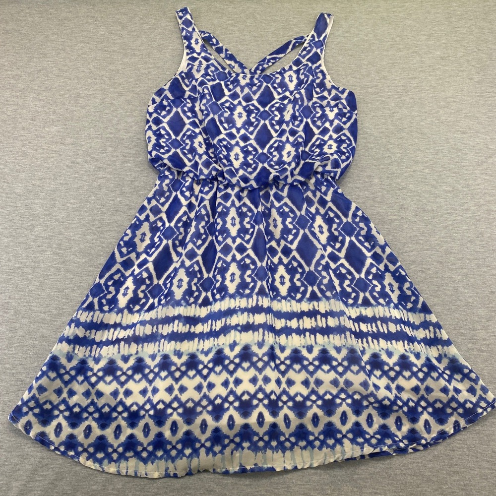 Japna Sundress Women XS Blue Geometric Ikat Print Sleeveless Criss Cross Back